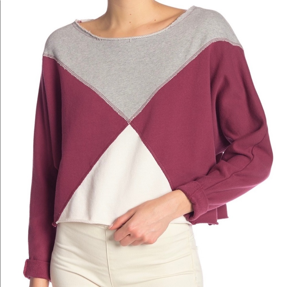 Free People Colorblock Pullover Sweatshirt in Burgundy, Gray & Cream